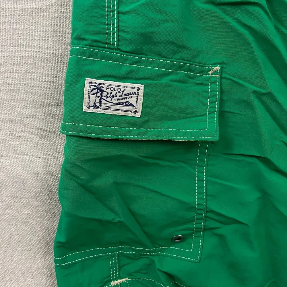 Polo‎ Ralph Lauren Swim Trunks Mens XL Green Cargo Pocket Drawstring Pony Logo